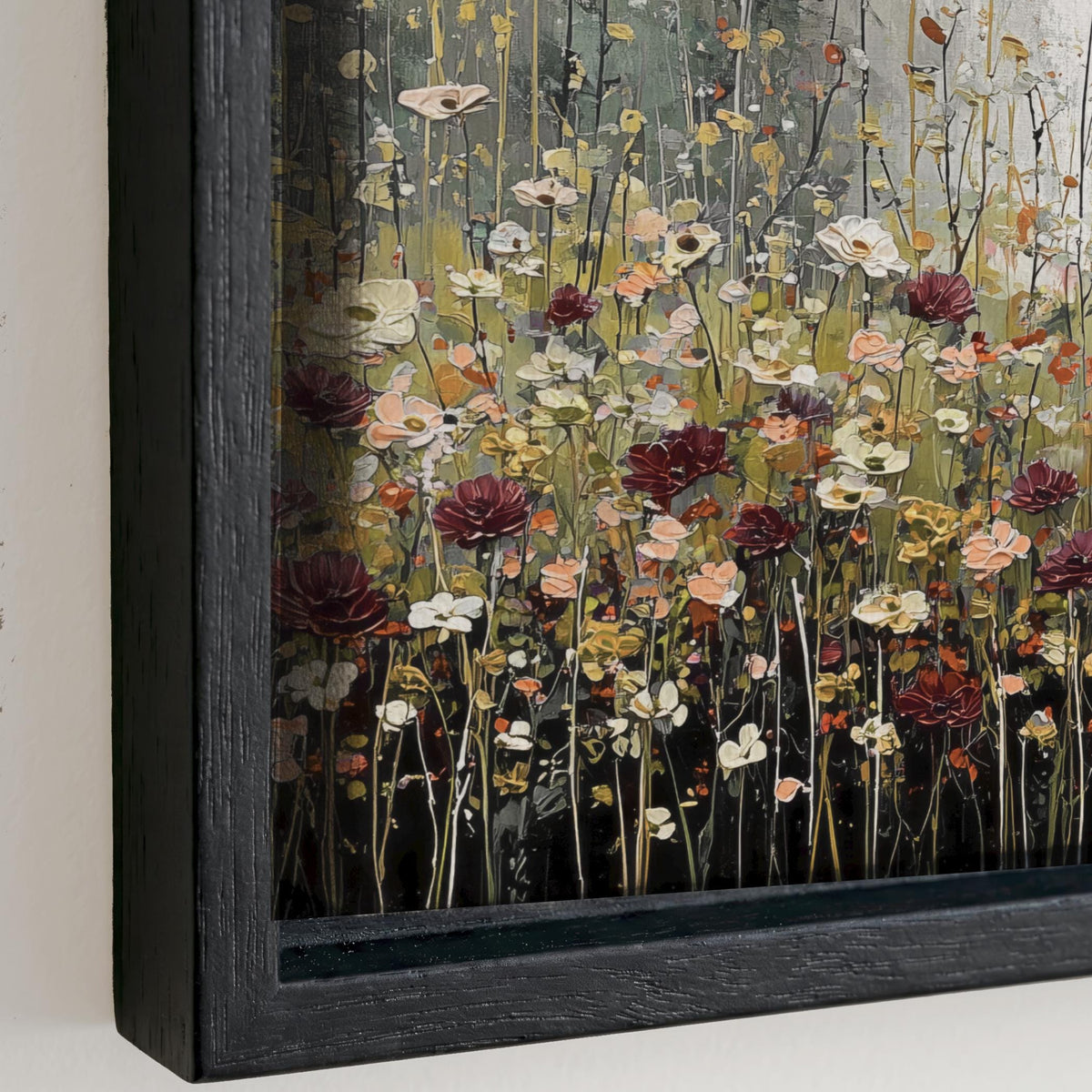 The image is a framed painting depicting a vibrant field of flowers with various colors, including red, yellow, and white.