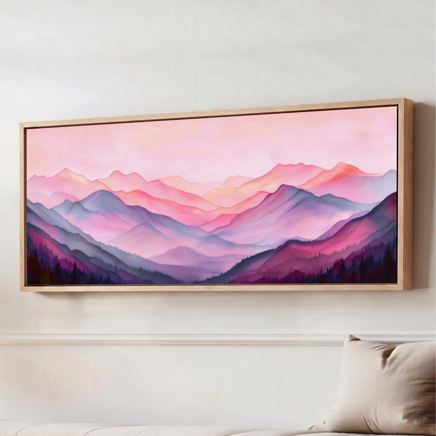 a large, framed painting of a mountainous landscape with a vibrant, pastel color palette.