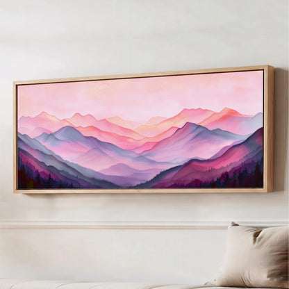 a large, framed painting of a mountainous landscape with a vibrant, pastel color palette.