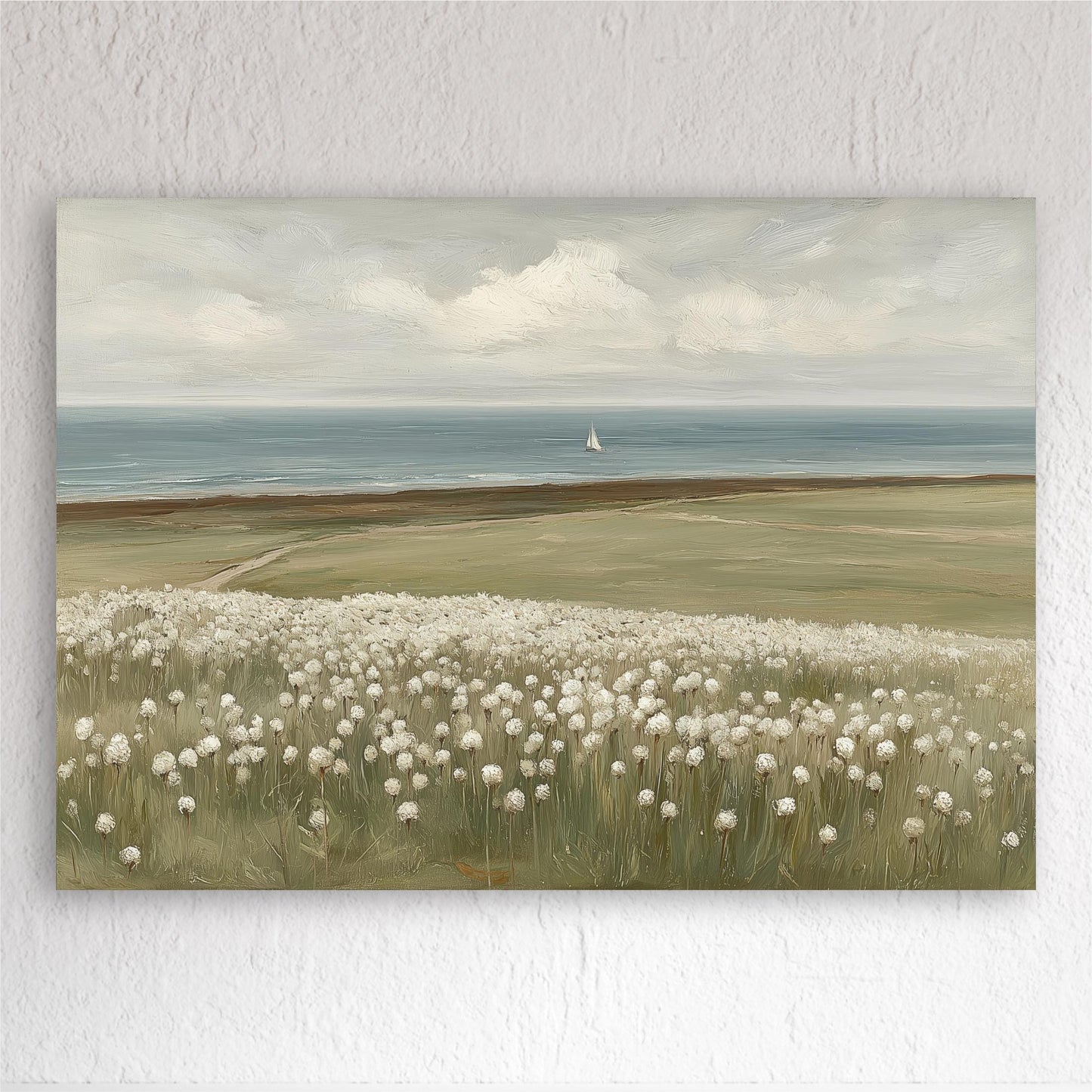 A serene landscape painting depicting a field of white flowers in the foreground, with a sailboat visible in the distance on the horizon.