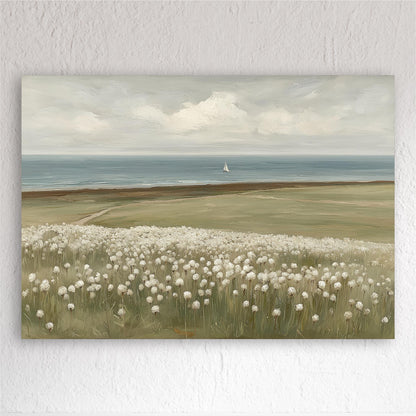 A serene landscape painting depicting a field of white flowers in the foreground, with a sailboat visible in the distance on the horizon.