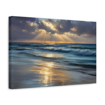 a serene beach scene with a calm ocean and a stunning sunset casting a golden glow over the water.