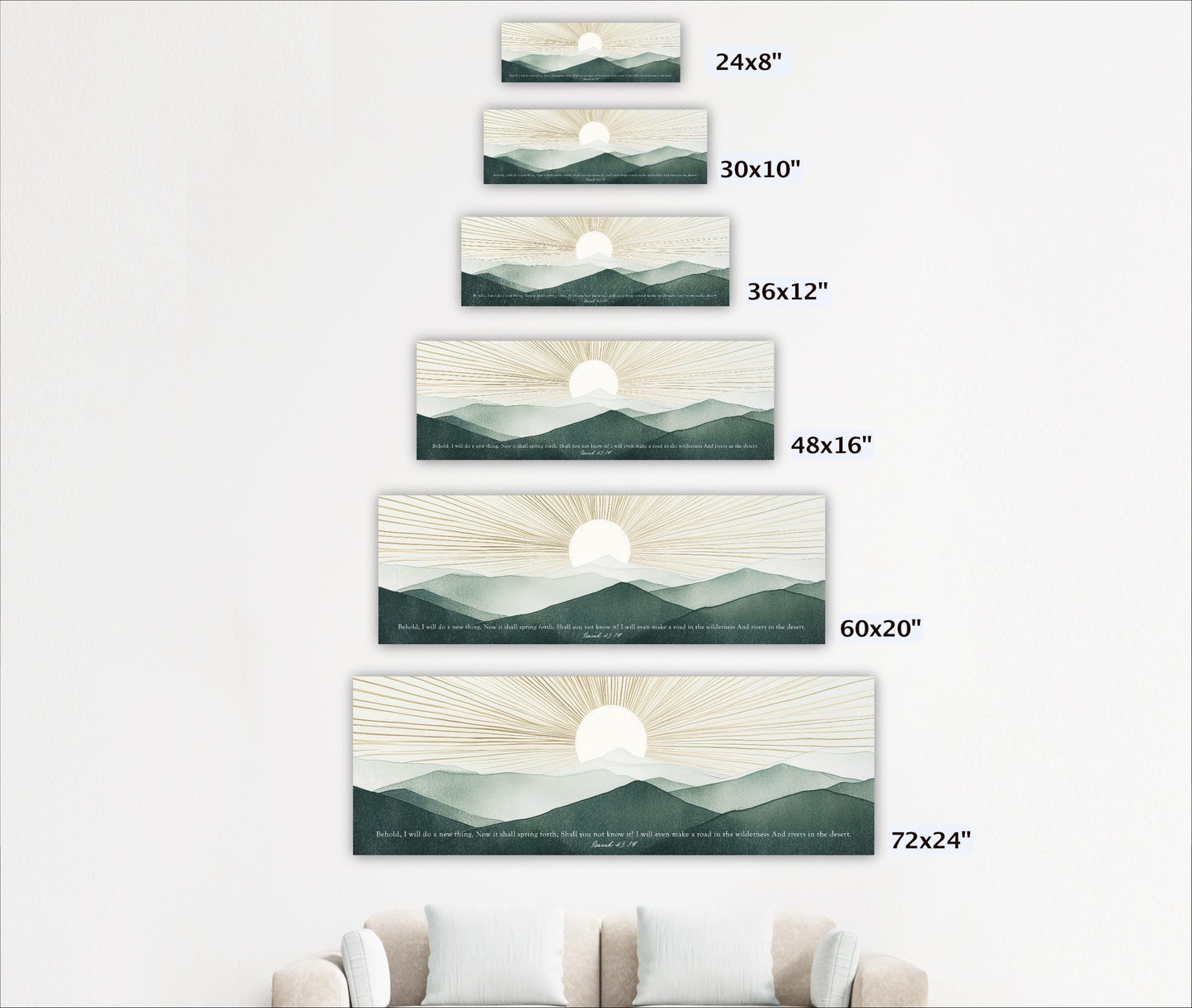 A series of landscape paintings depicting mountains and sunsets, each with a different size ranging from 24 to 72 inches.