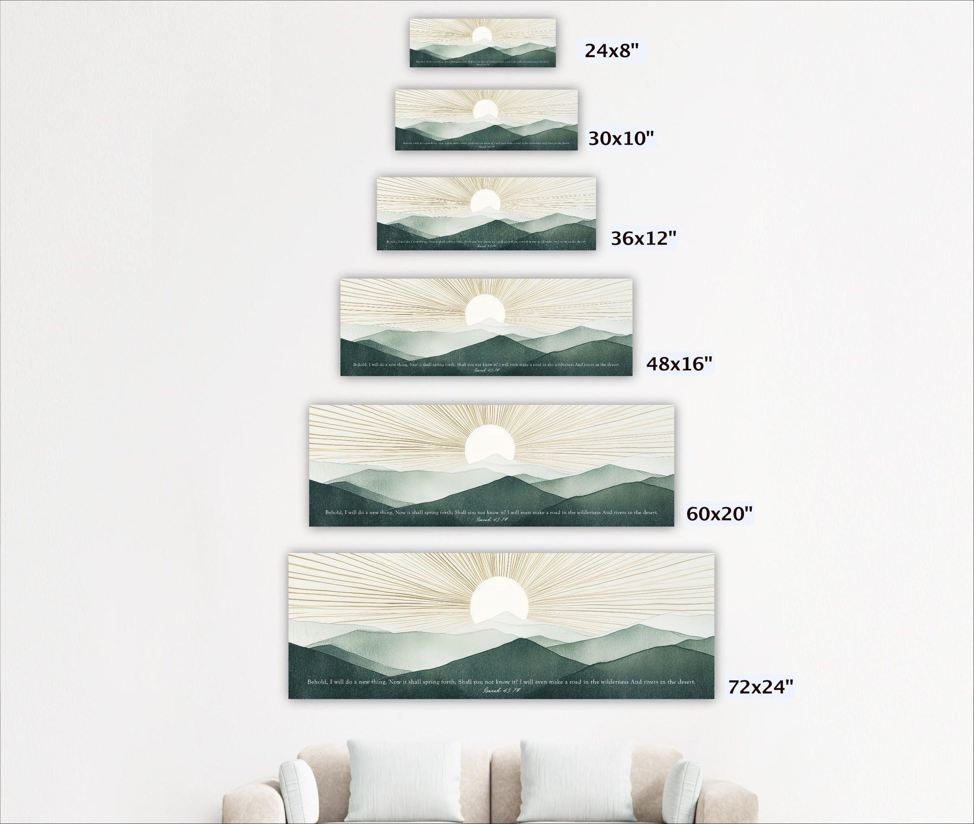A series of landscape paintings depicting mountains and sunsets, each with a different size ranging from 24 to 72 inches.