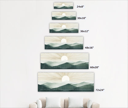 A series of landscape paintings depicting mountains and sunsets, each with a different size ranging from 24 to 72 inches.