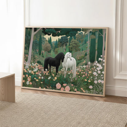 The image is a framed painting depicting two horses standing in a lush, colorful garden with flowers and trees.