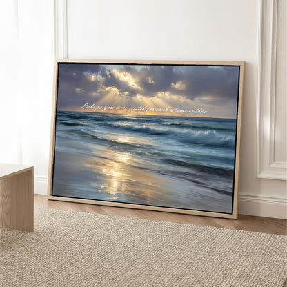 a serene beach scene with a calm ocean and a sky filled with clouds. The text "You were created for such times as this" is displayed in the image.