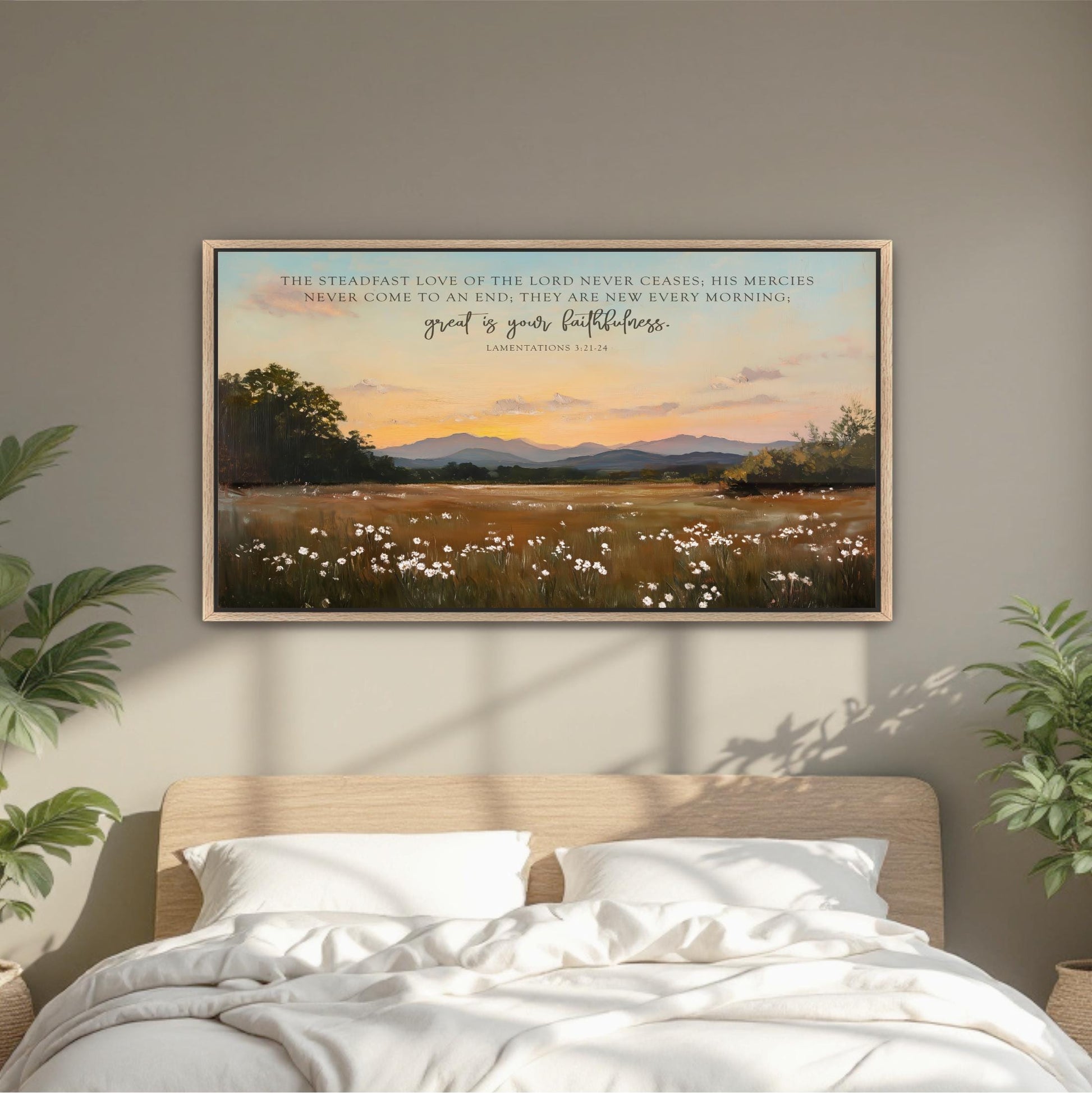a serene bedroom scene with a bed, a potted plant, and a framed landscape painting depicting a field with flowers and mountains in the background.