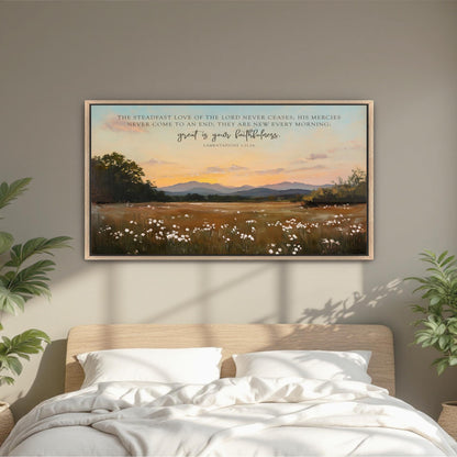 a serene bedroom scene with a bed, a potted plant, and a framed landscape painting depicting a field with flowers and mountains in the background.