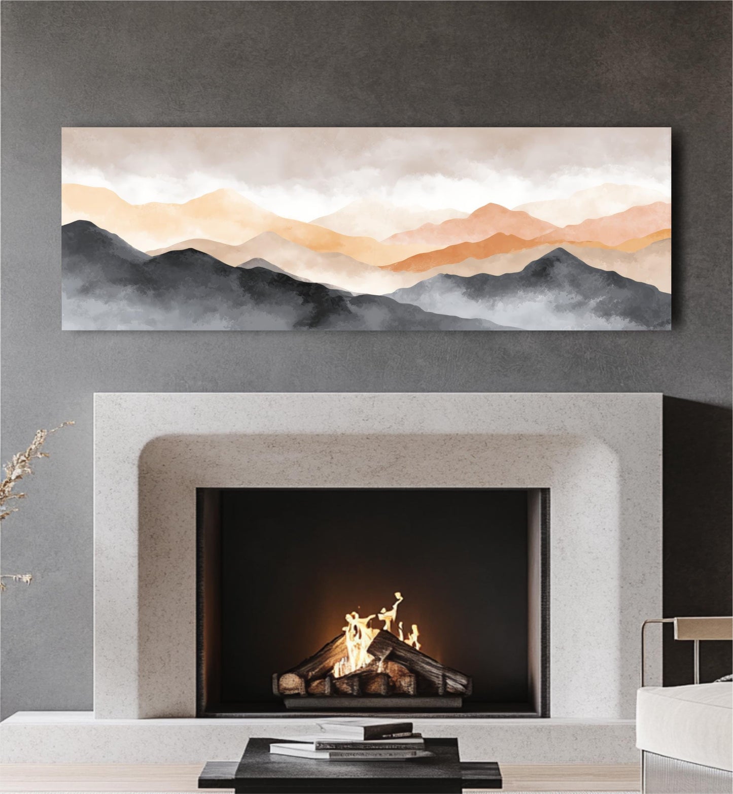 a cozy living room with a fireplace, a bookshelf, and a painting of mountains above it.