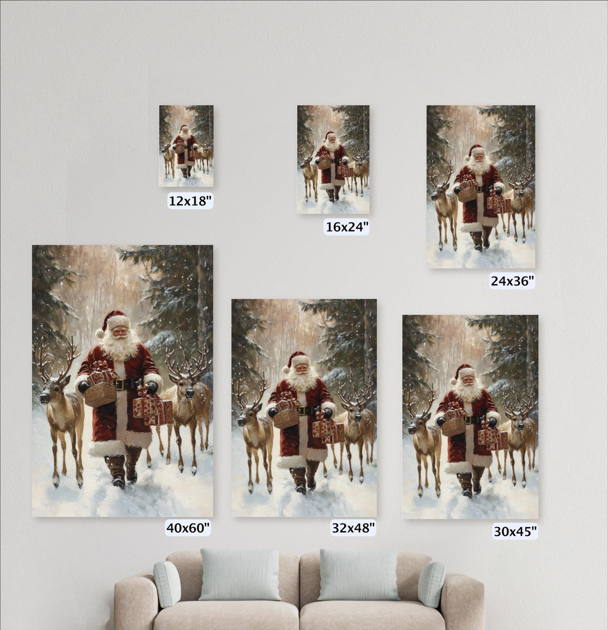 The image is a collage of five framed pictures depicting Santa Claus walking with reindeer in a snowy forest.