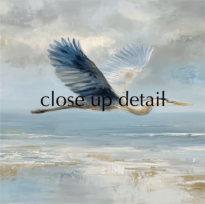 A close-up of a heron in flight over a body of water, with the text "close up detail" overlaid on the image.