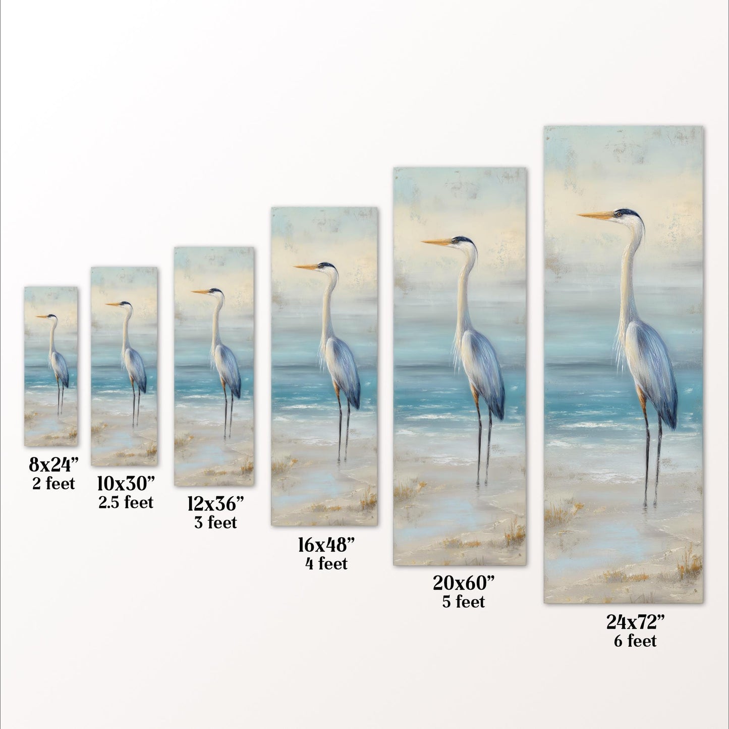 The image is a series of framed artworks depicting a tall bird, likely a crane, standing on a beach. The artworks vary in size, ranging from 8x24" to 20x60", and are arranged in a row, with each frame being slightly larger than the one before it. The artworks are labeled with their respective sizes, providing a visual representation of the differences in dimensions.