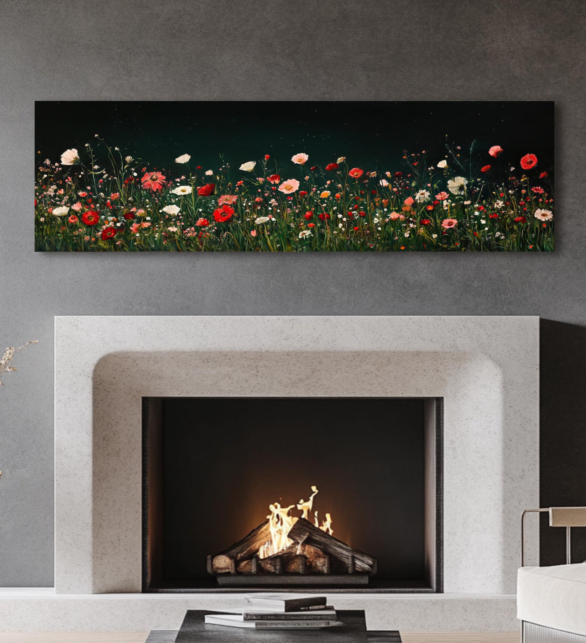 a living room with a fire place and a painting on the wall