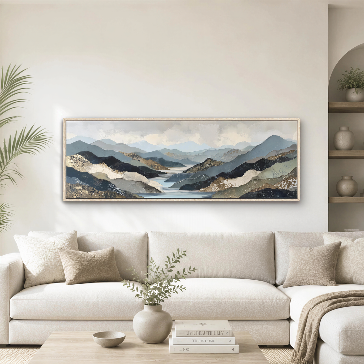 Abstract Mountain Landscape Wall Art, Lake River Canvas Print, Modern Nature Framed Artwork, Above Bed, Bedroom, Large Living Room Sofa