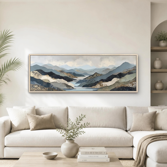 Abstract Mountain Landscape Wall Art, Lake River Canvas Print, Modern Nature Framed Artwork, Above Bed, Bedroom, Large Living Room Sofa