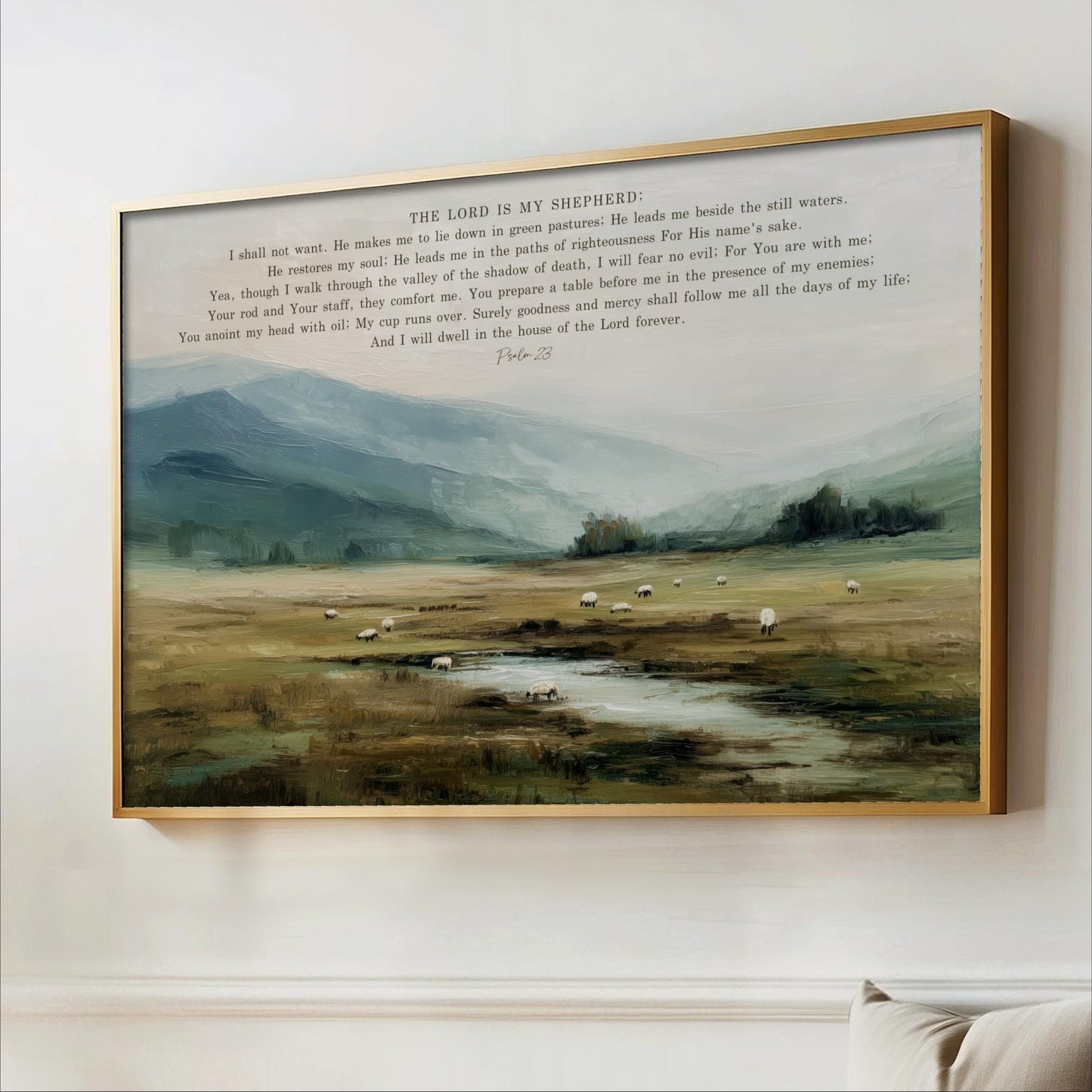The image is a framed painting depicting a pastoral scene with a flock of sheep grazing in a grassy field, set against a backdrop of mountains.