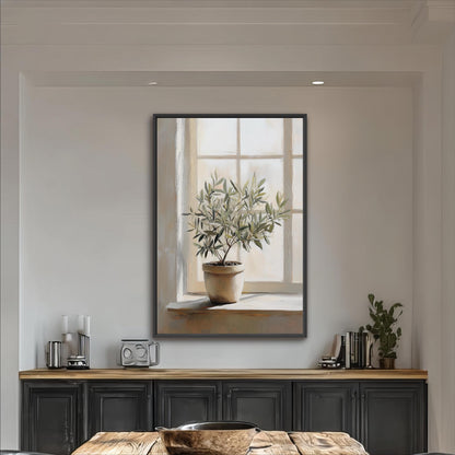 a large painting of a potted plant hanging on a wall above a wooden table with a bowl on it.