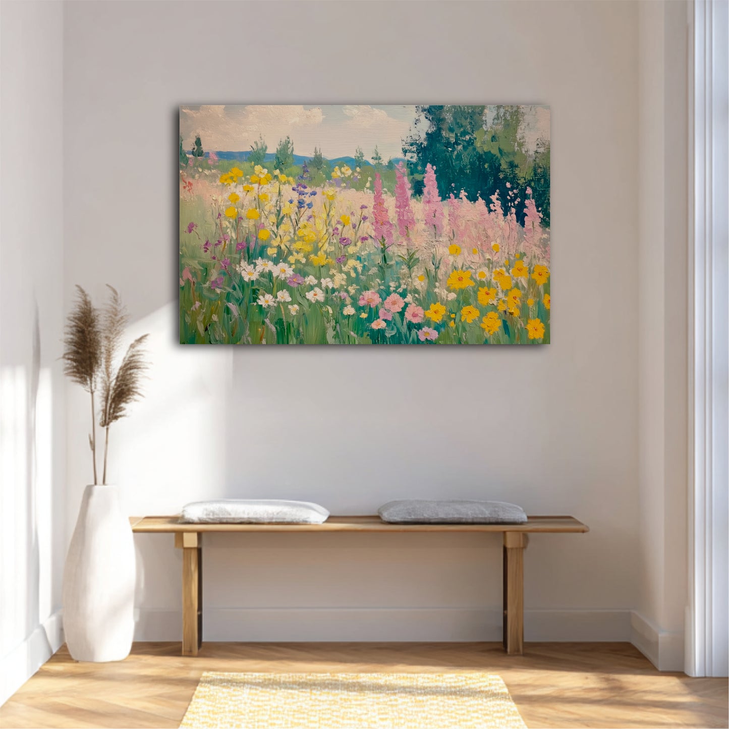 a large painting of a colorful garden scene hanging on a wall above a wooden bench with two cushions.