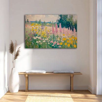 a large painting of a colorful garden scene hanging on a wall above a wooden bench with two cushions.