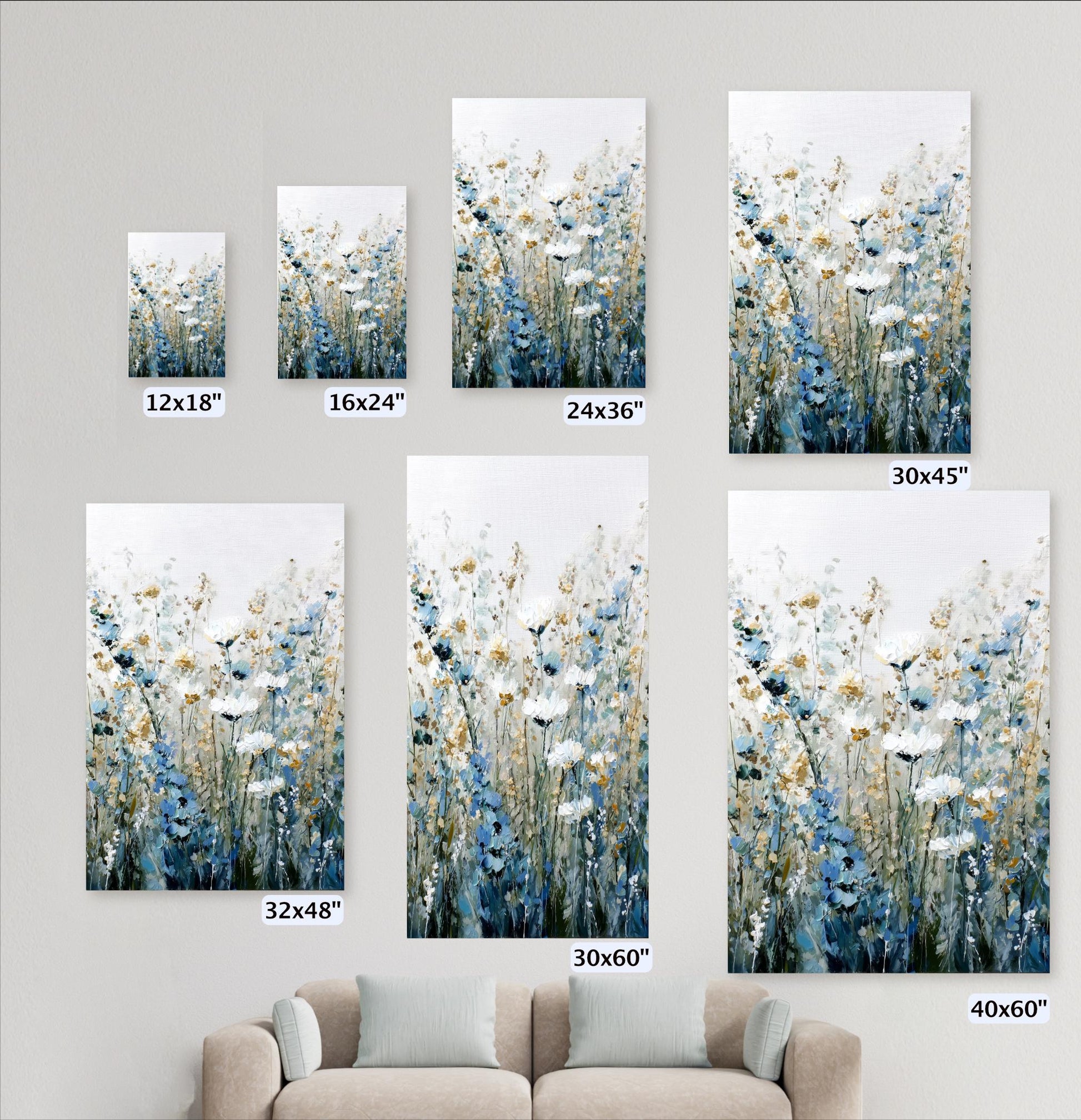 a collection of six framed artworks, each depicting a field of flowers in various sizes and orientations. The artworks are arranged on a wall, with a couch in the foreground. The sizes of the artworks are indicated as 12x18", 16x24", 24x36", 30x45", and 40x60", providing a range of sizes for viewers to choose from.