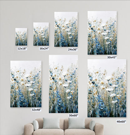 a collection of six framed artworks, each depicting a field of flowers in various sizes and orientations. The artworks are arranged on a wall, with a couch in the foreground. The sizes of the artworks are indicated as 12x18", 16x24", 24x36", 30x45", and 40x60", providing a range of sizes for viewers to choose from.