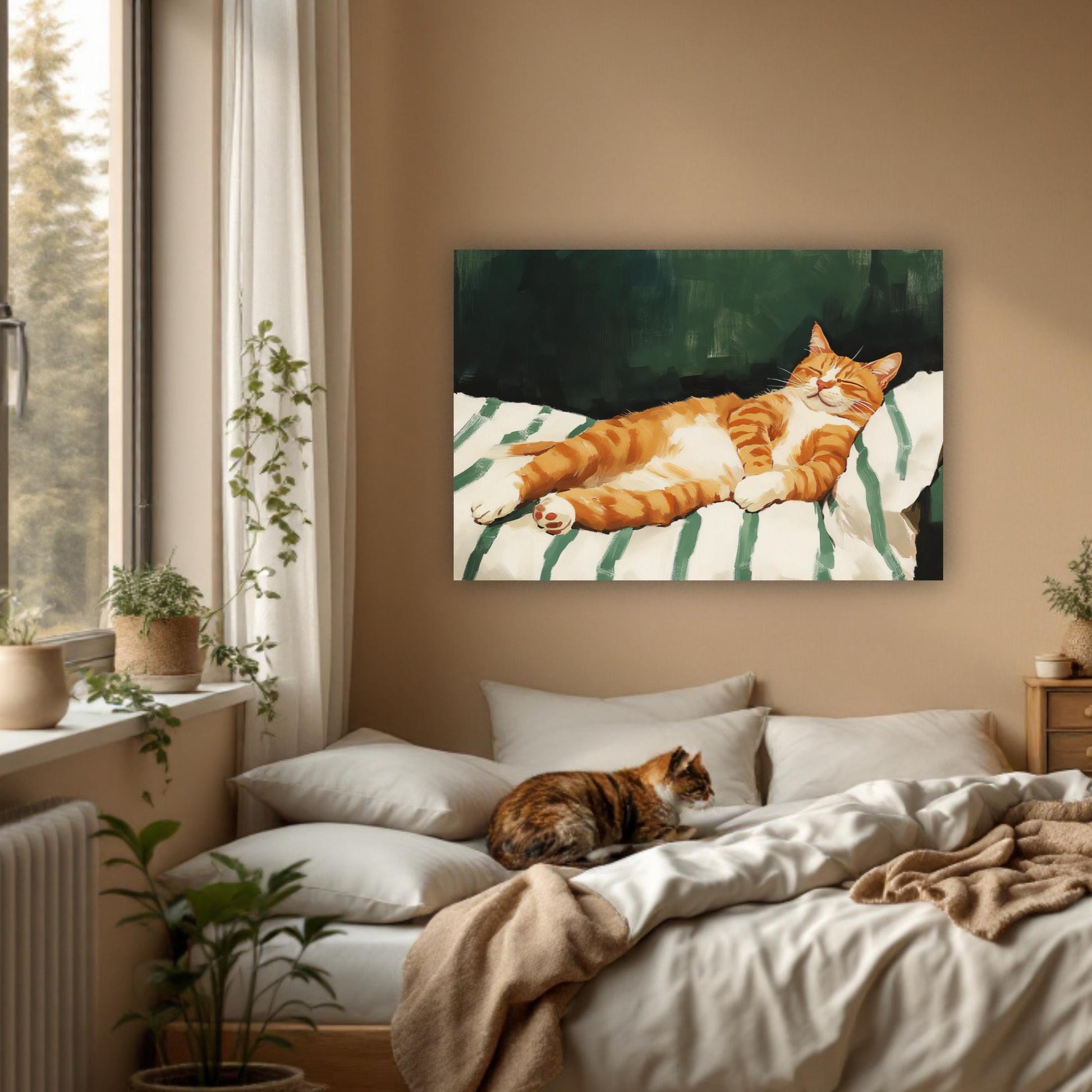 a painting of a cat laying on a bed