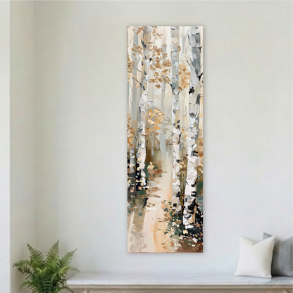 a large painting of a forest scene hanging on a white wall.