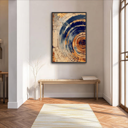 a modern and minimalist interior design with a large abstract painting hanging on the wall above a wooden bench.