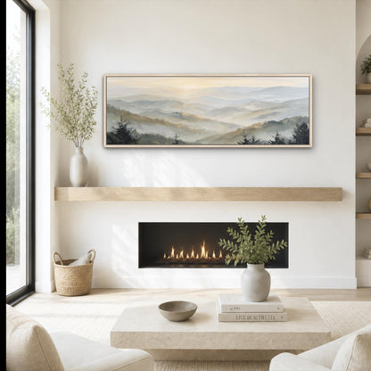 a cozy living room with a fireplace, a coffee table, and a painting of a mountain landscape hanging on the wall above the fireplace.