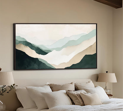 Abstract Sage Green Beige Wall Art, Landscape Framed Canvas Print, Minimalist Mountains, Texture Effect, Wabi-Sabi, Living Room Artwork