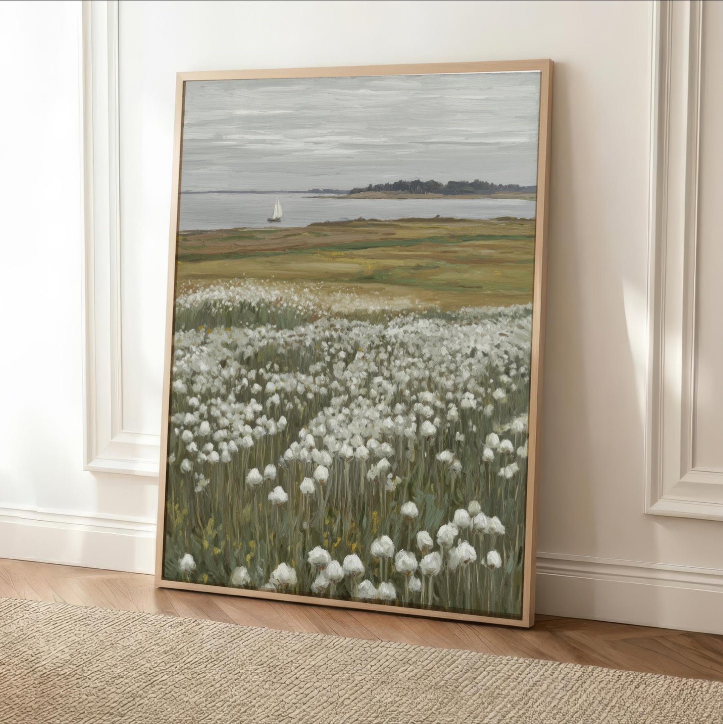 a painting of a field of white flowers, with a sailboat visible in the distance on the water.