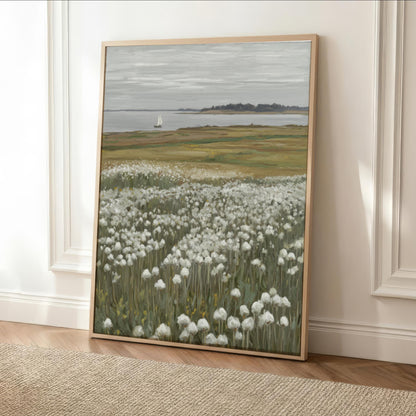 a painting of a field of white flowers, with a sailboat visible in the distance on the water.
