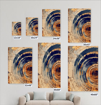 a collection of abstract paintings or artwork, each with a different size and orientation, arranged on a wall.