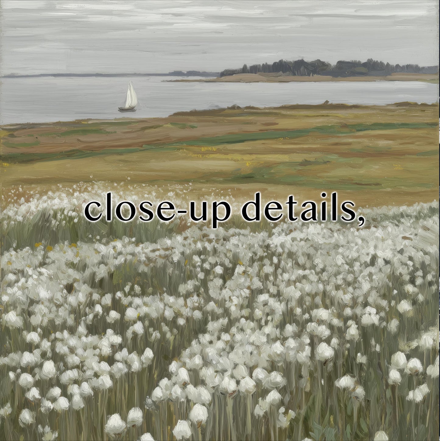 a serene landscape with a sailboat on the water and a field of white flowers in the foreground.