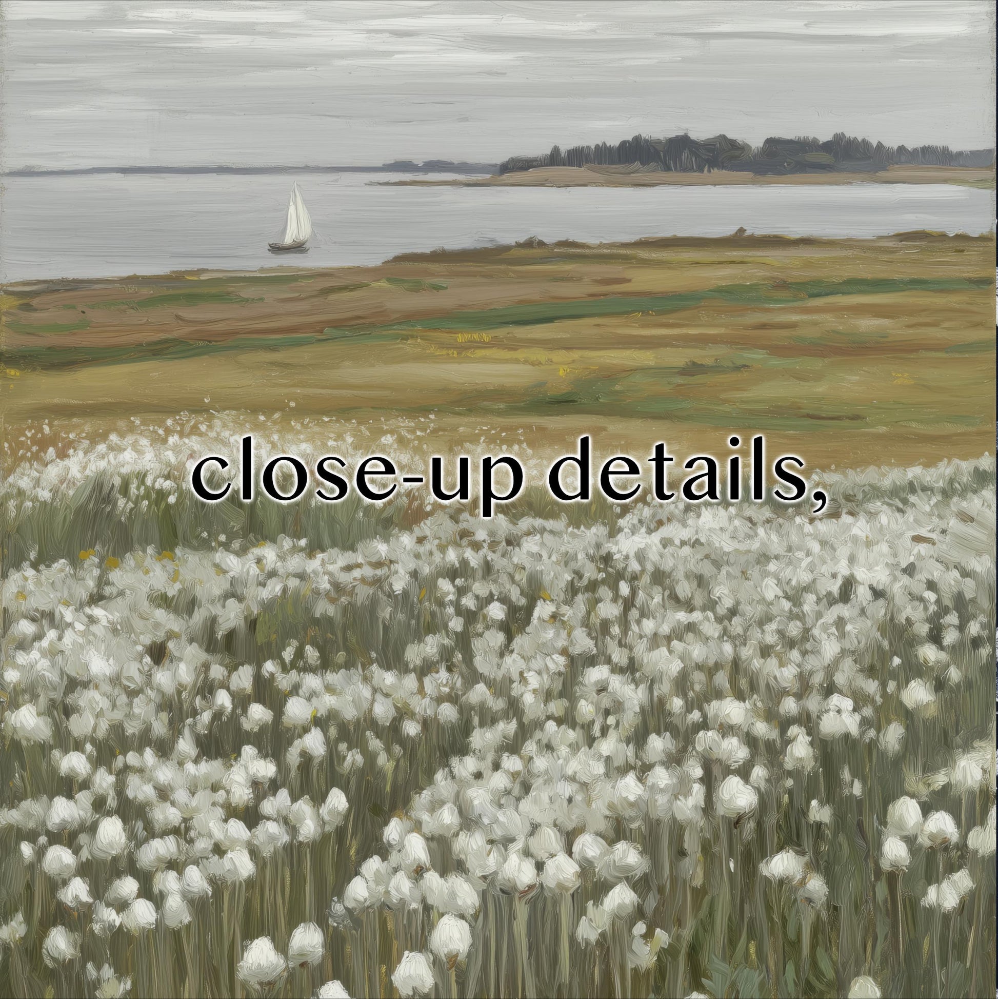 a serene landscape with a sailboat on the water and a field of white flowers in the foreground.