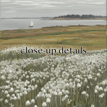 a serene landscape with a sailboat on the water and a field of white flowers in the foreground.