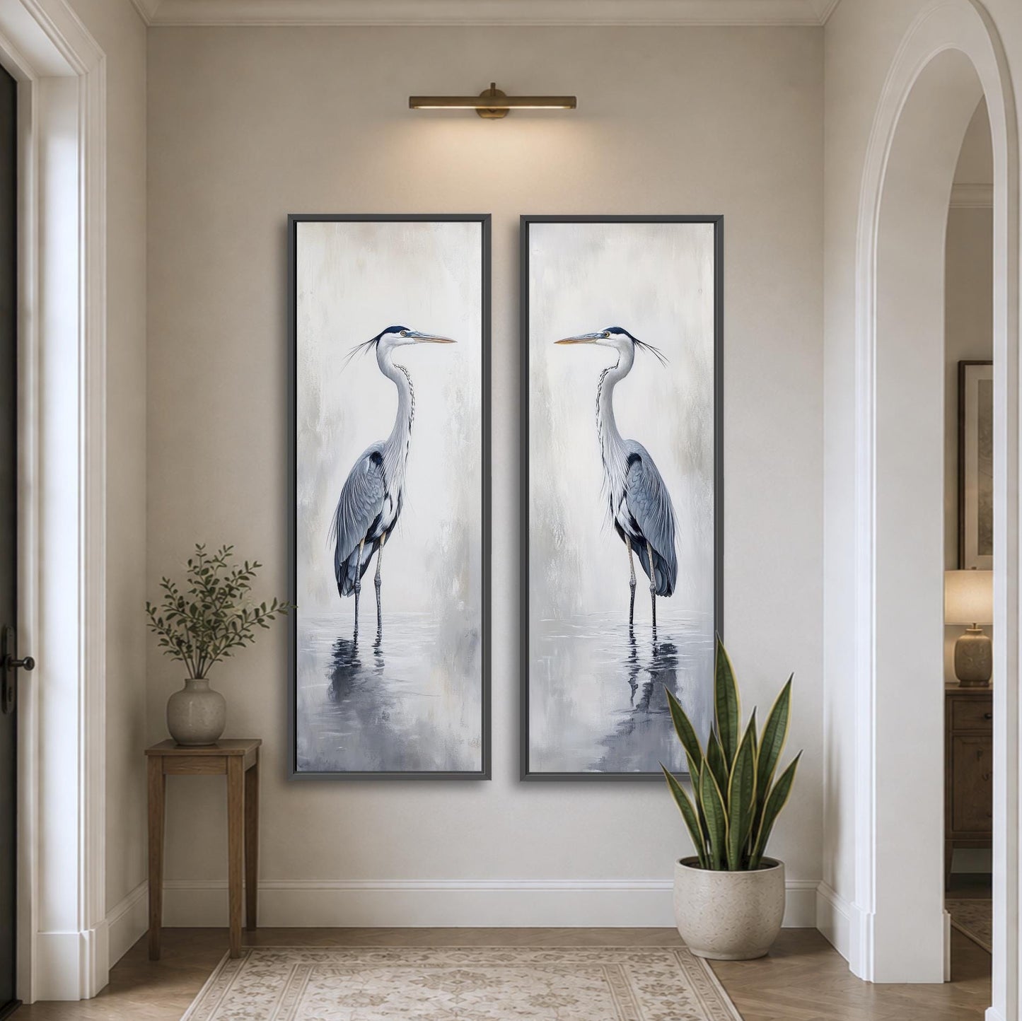 Blue Heron Wall Art Set of 2, Coastal Bird Diptych, Tall Narrow Coastal Decor, Neutral Waterfront Artwork, Beach House Wall Art