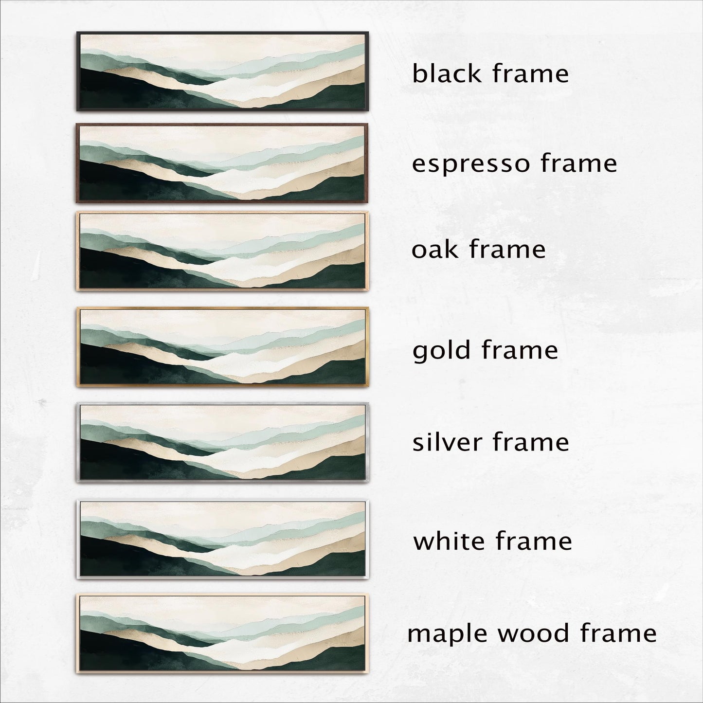 a collection of six framed landscape paintings, each with a different frame color and style. The frames include black, espresso, oak, gold, silver, and white frames, as well as a maple wood frame. The paintings are arranged in a row, showcasing the variety of frame options available for displaying artwork.