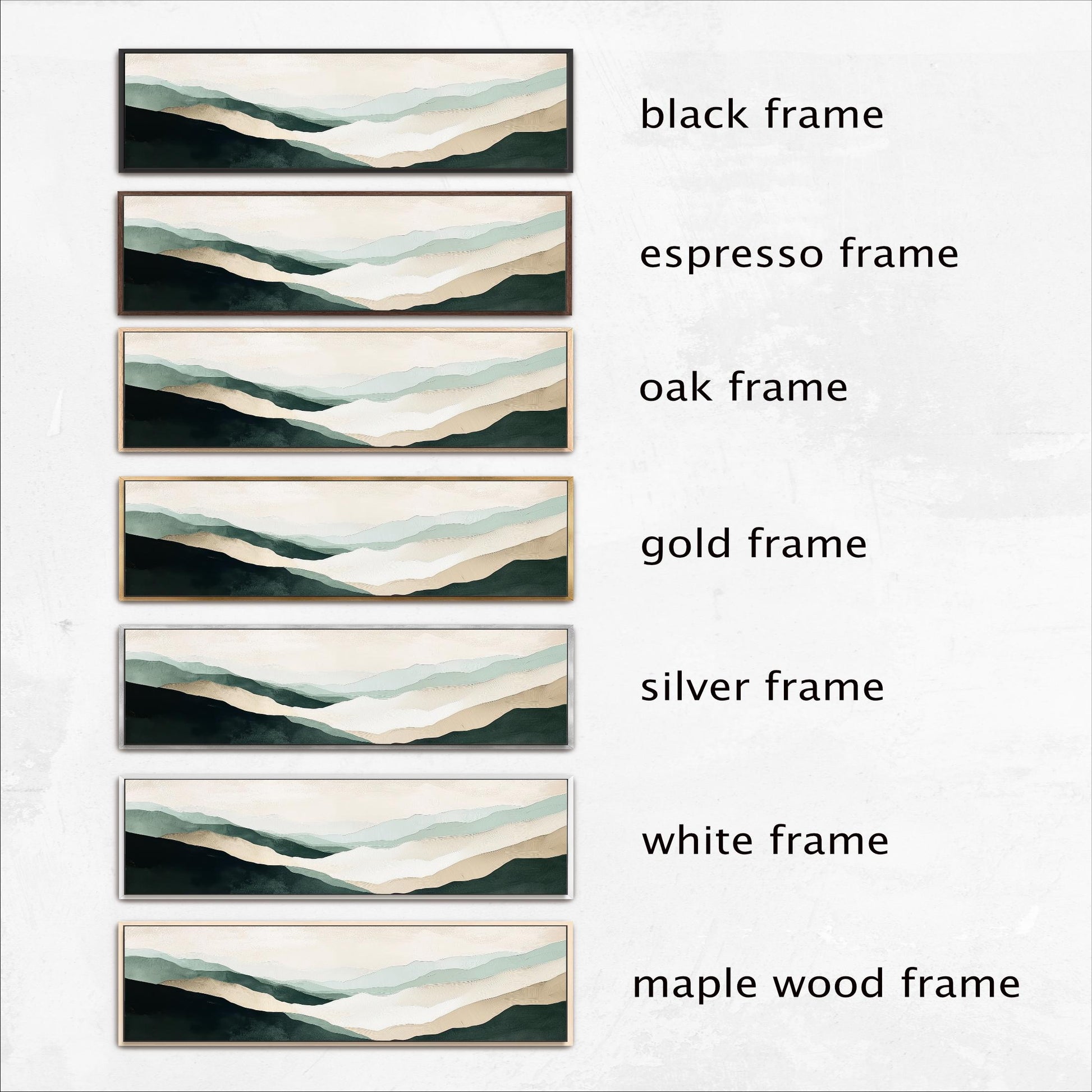 a collection of six framed landscape paintings, each with a different frame color and style. The frames include black, espresso, oak, gold, silver, and white frames, as well as a maple wood frame. The paintings are arranged in a row, showcasing the variety of frame options available for displaying artwork.