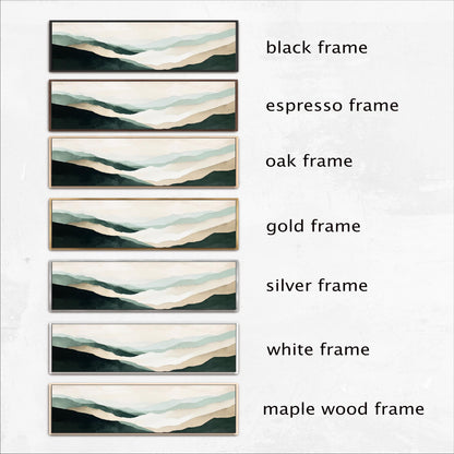 a collection of six framed landscape paintings, each with a different frame color and style. The frames include black, espresso, oak, gold, silver, and white frames, as well as a maple wood frame. The paintings are arranged in a row, showcasing the variety of frame options available for displaying artwork.