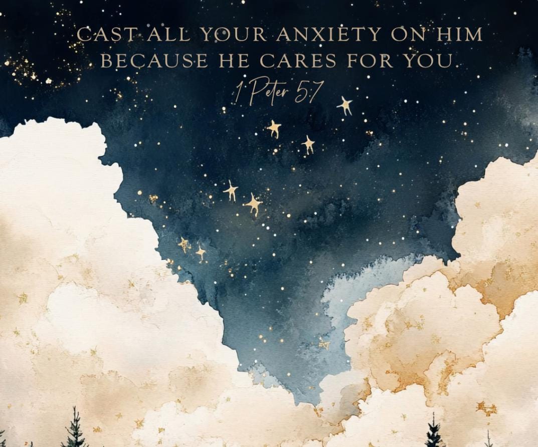 The image is a framed painting depicting a serene night sky with clouds and stars, surrounded by silhouetted pine trees.