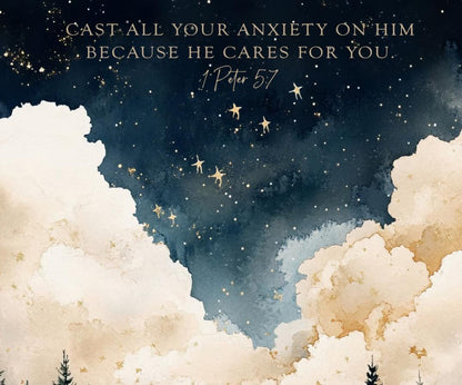 The image is a framed painting depicting a serene night sky with clouds and stars, surrounded by silhouetted pine trees.