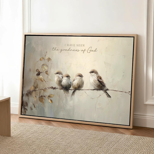 Goodness of God Wall Art, Vintage Birds Neutral Beige Framed Canvas Print, Christian Decor, Religious Gift Idea