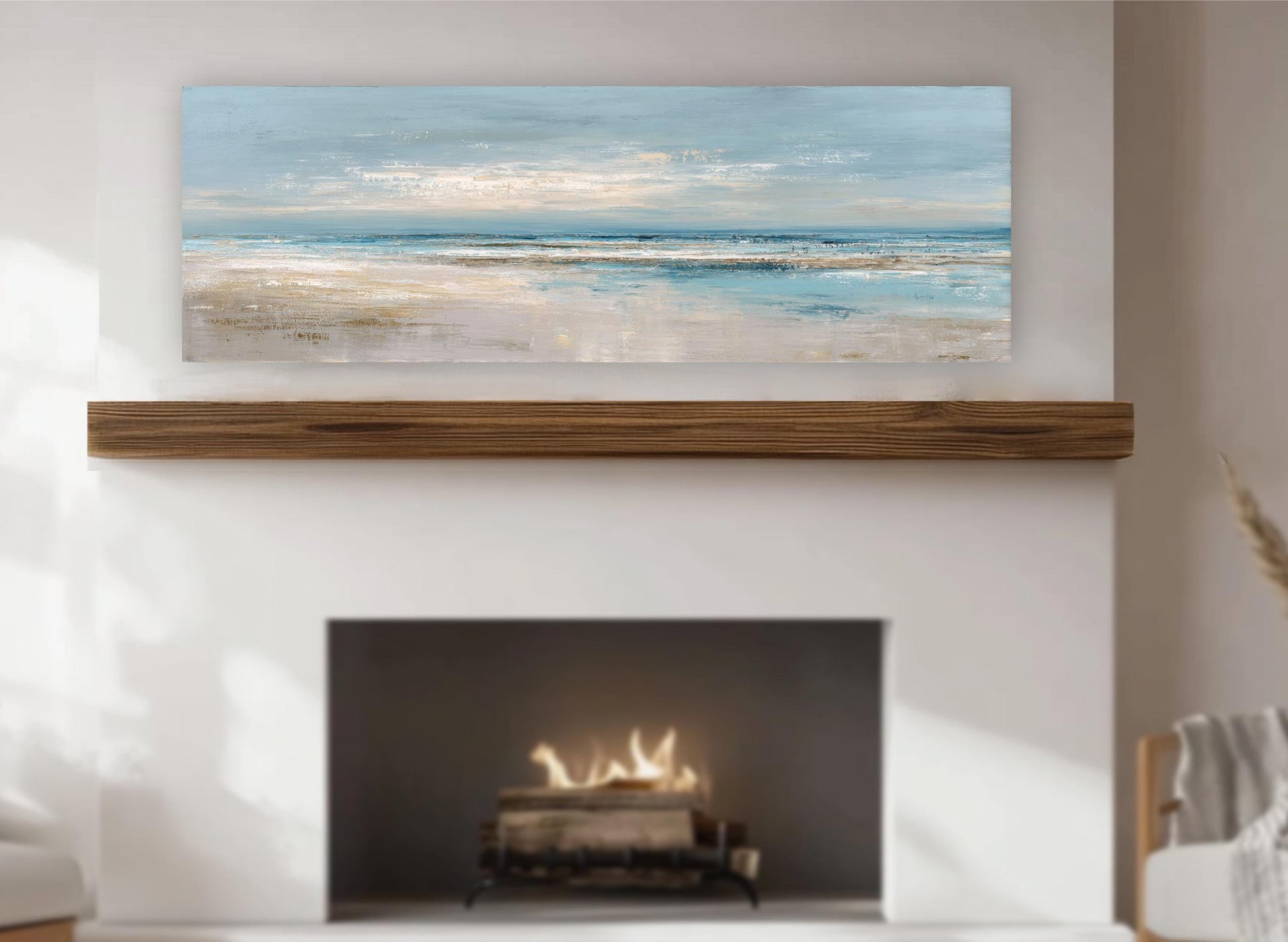 a fireplace with a warm fire burning inside, and above it is a large painting depicting a serene landscape with a blue sky and ocean.