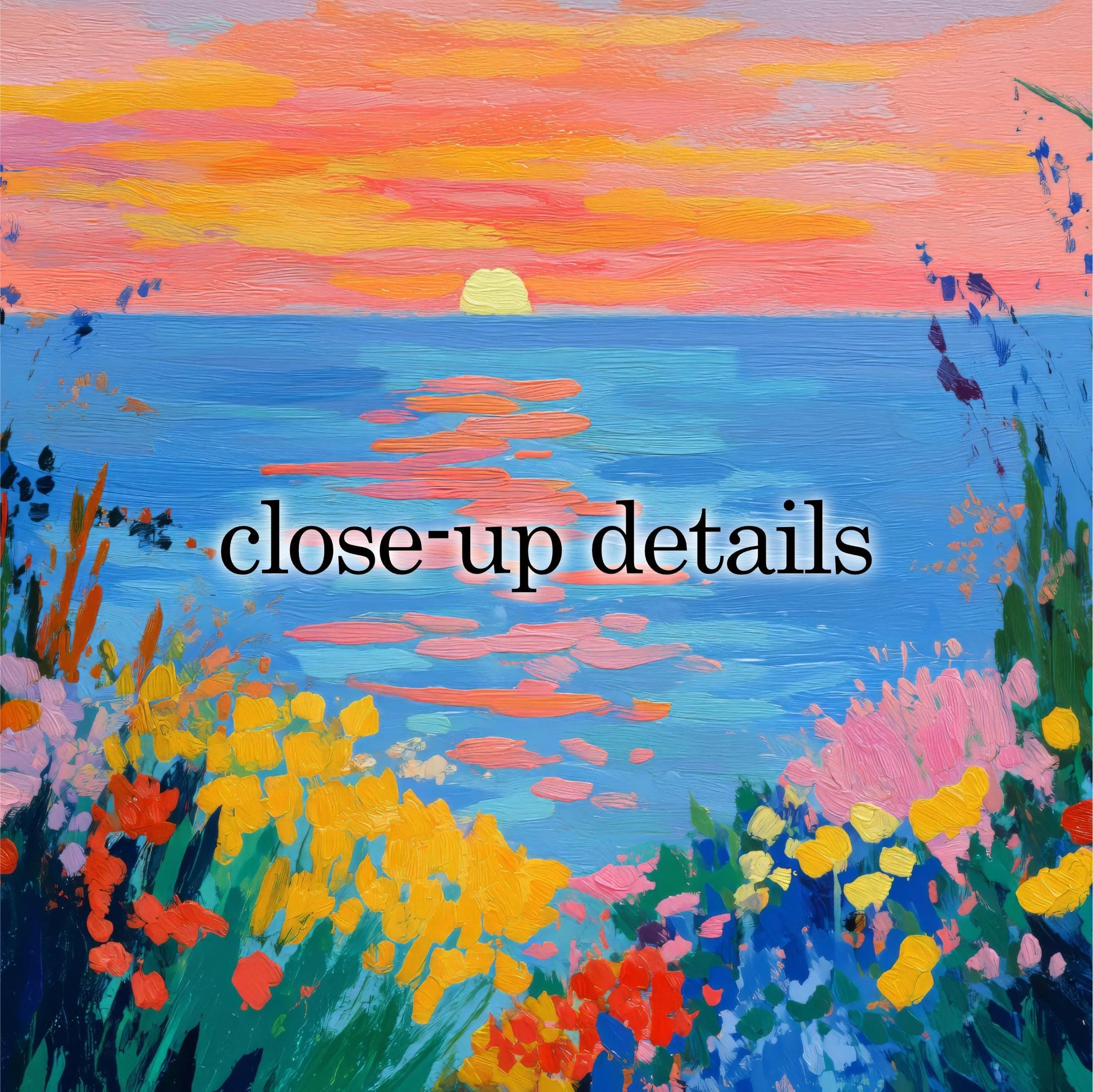 The image is a vibrant painting depicting a sunset over a body of water, with a colorful array of flowers and foliage in the foreground.