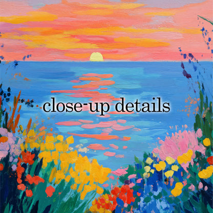 The image is a vibrant painting depicting a sunset over a body of water, with a colorful array of flowers and foliage in the foreground.