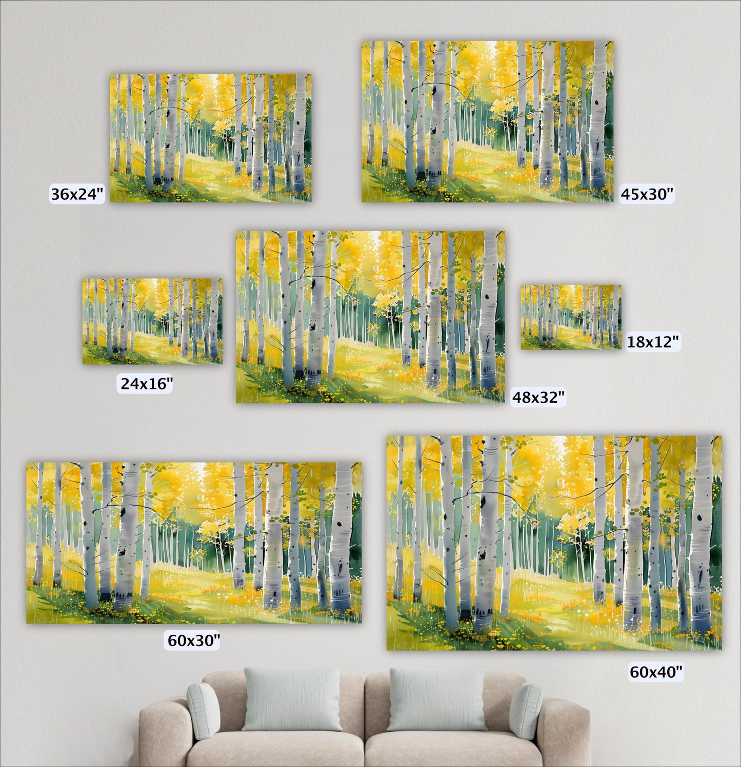 a collection of six different sizes of paintings depicting a forest scene with yellow trees. The paintings vary in size, ranging from 36x24" to 48x32" and 60x30". The paintings are arranged on a wall, and there is a couch in the foreground.