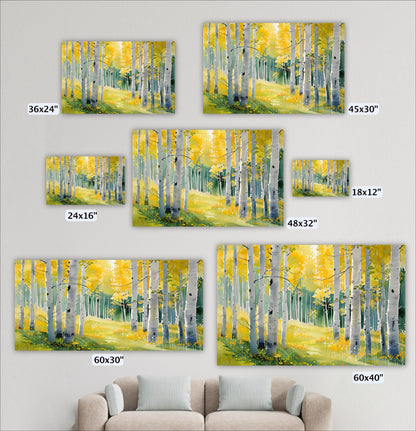 a collection of six different sizes of paintings depicting a forest scene with yellow trees. The paintings vary in size, ranging from 36x24" to 48x32" and 60x30". The paintings are arranged on a wall, and there is a couch in the foreground.