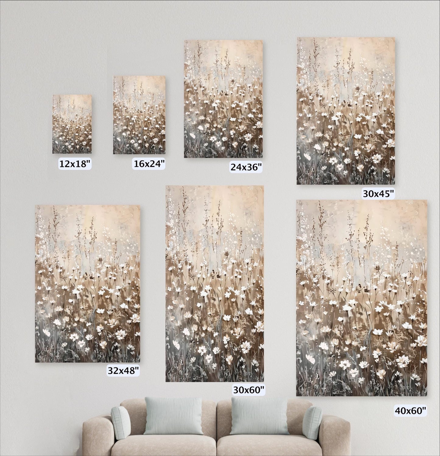 a collection of six framed paintings of a field of flowers, each with a different size and frame, arranged on a wall.